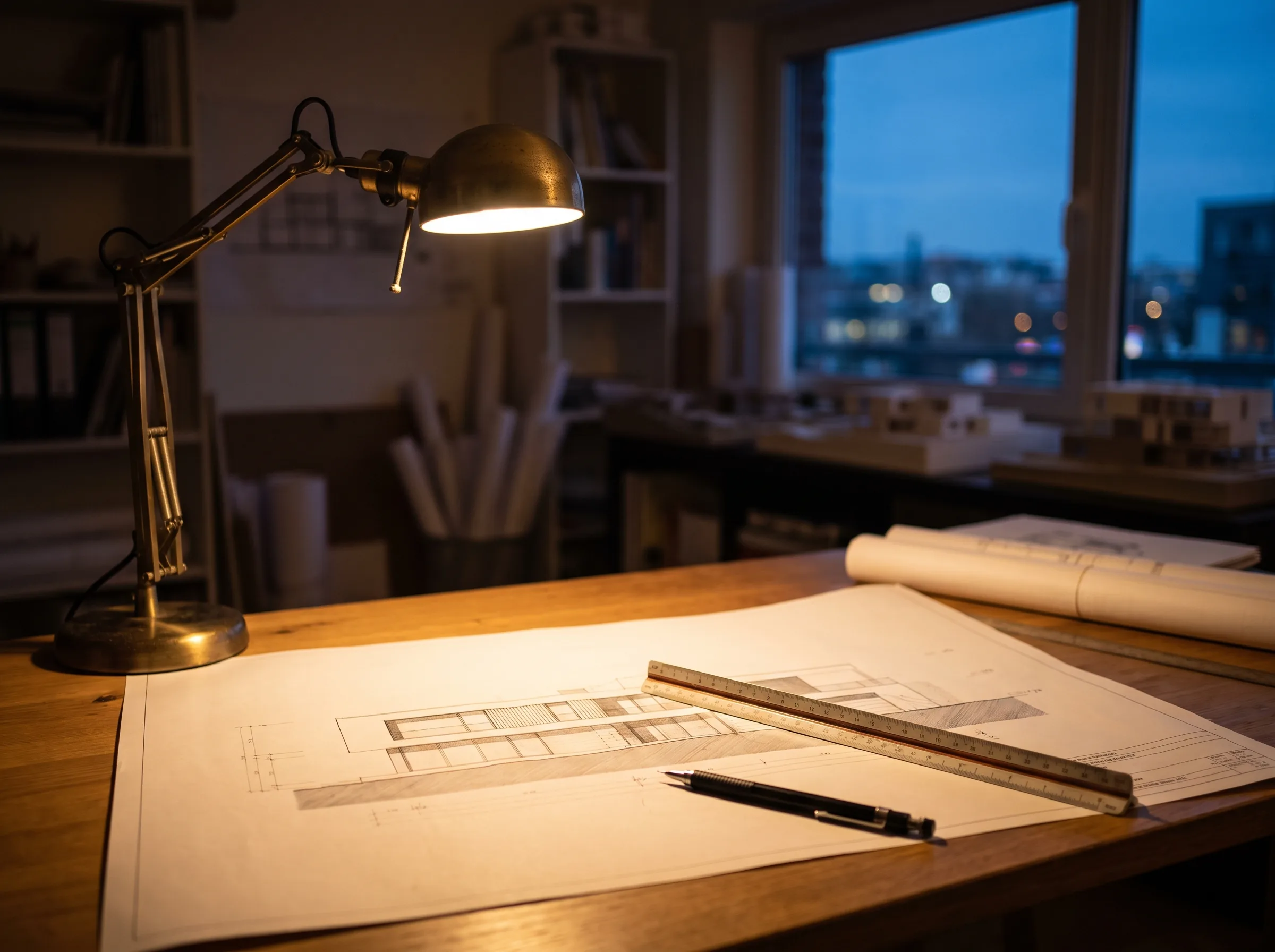 Elevation sheet under a desk lamp