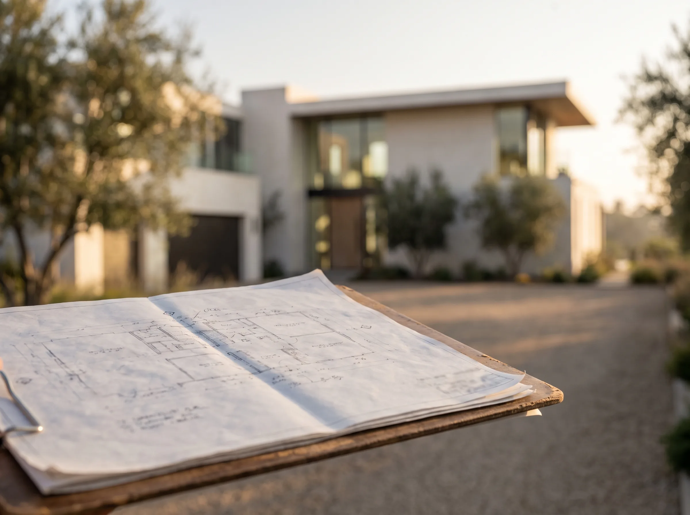 House plan beside the finished home