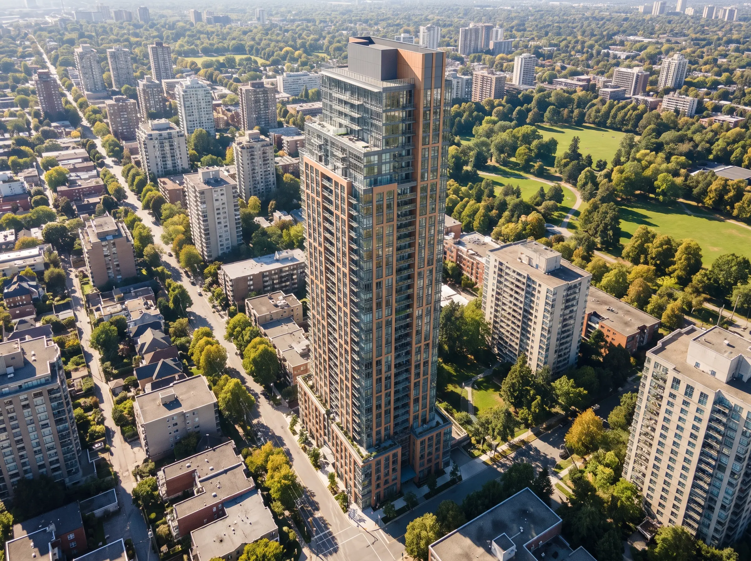 Aerial rendering of a residential tower with the surrounding streets, buildings and park