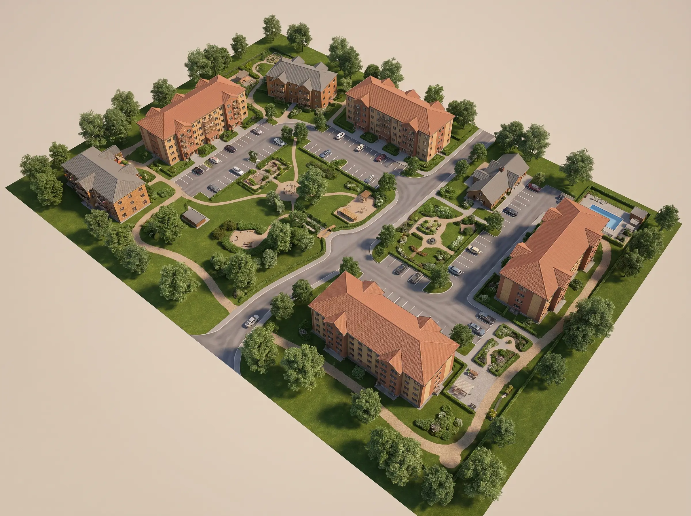 Rendered site plan of a residential development with buildings, parking, paths and landscaping