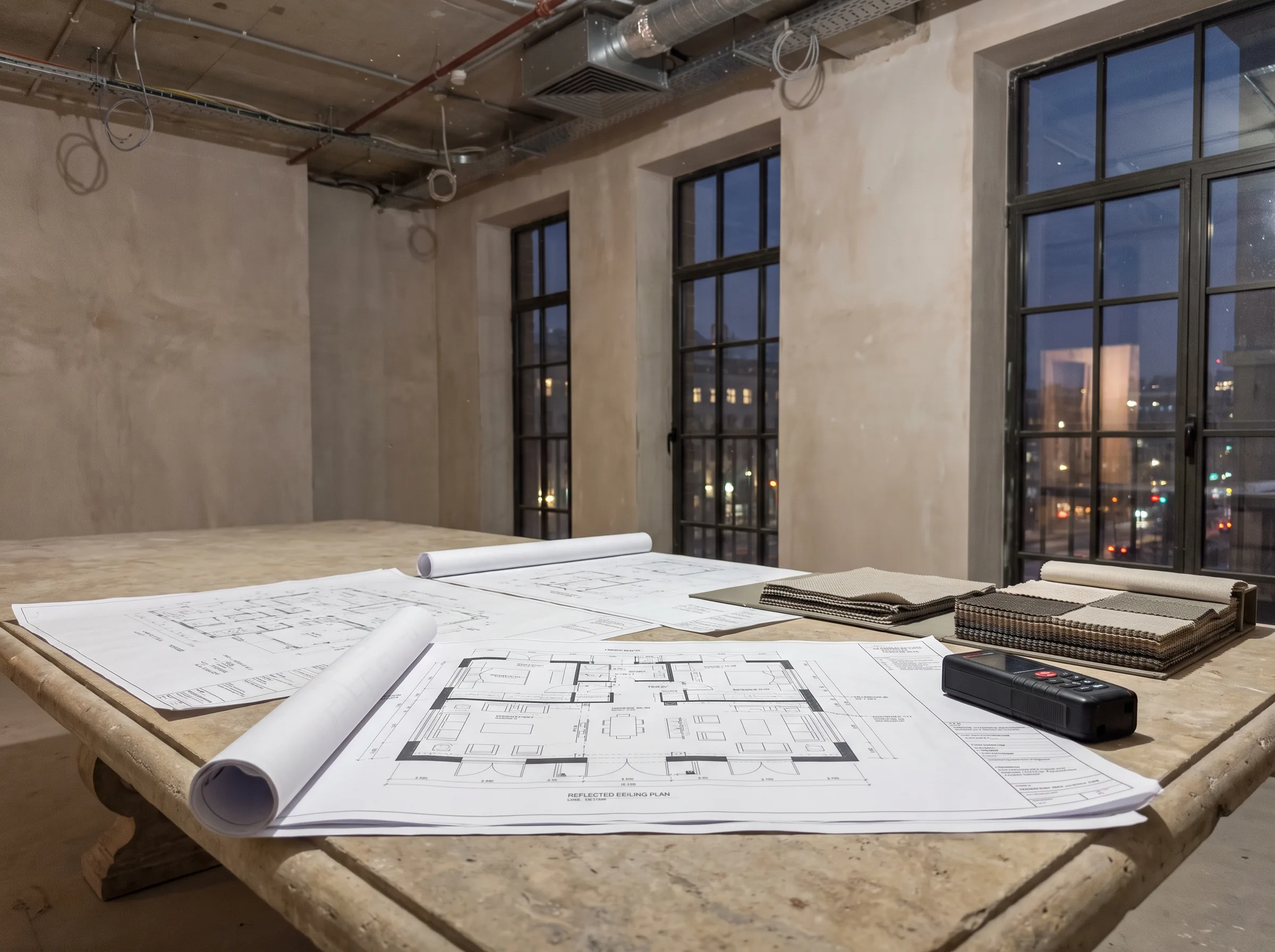 Hotel suite fit-out drawings on the table