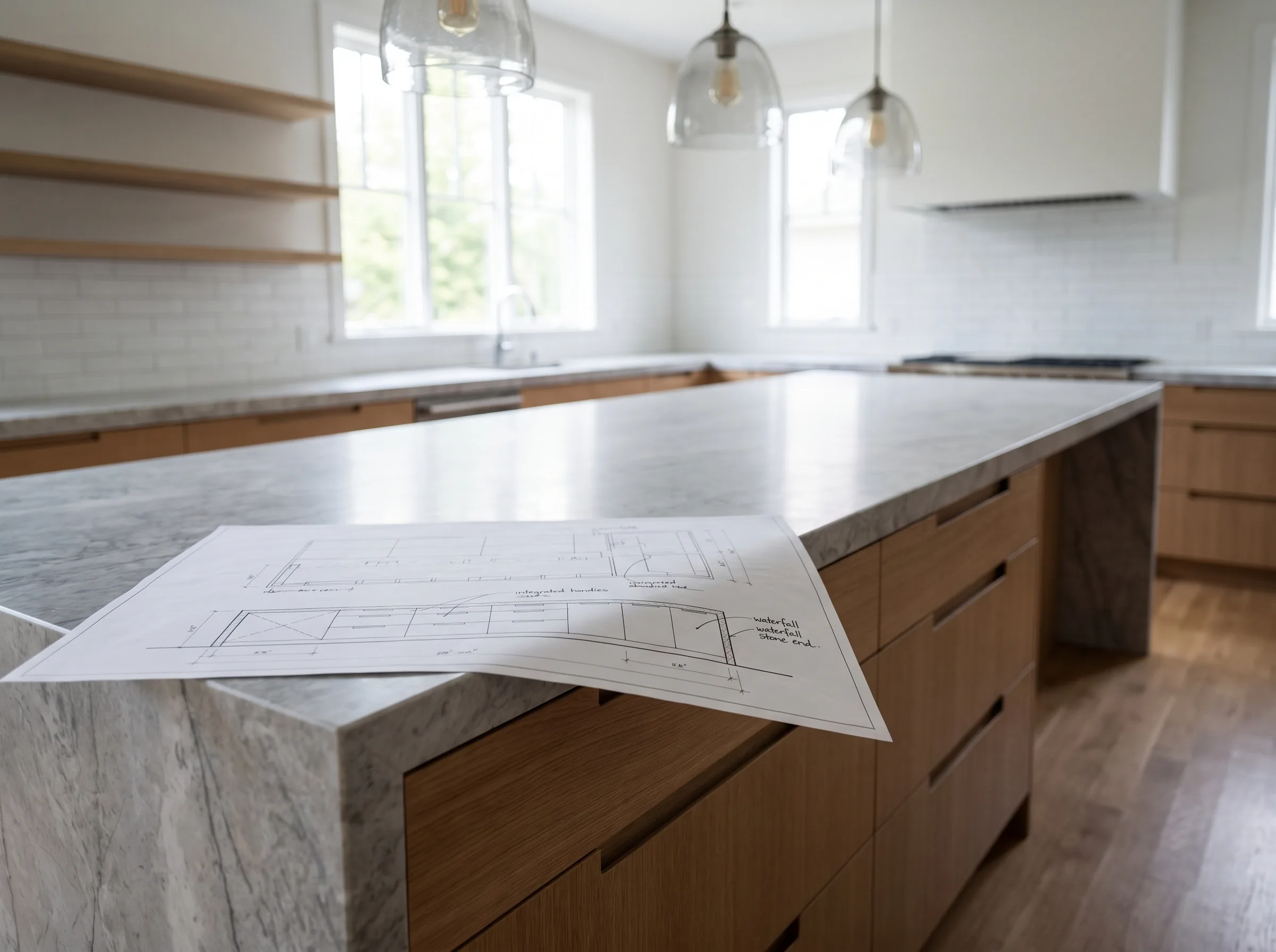 Kitchen millwork detail, oak and stone