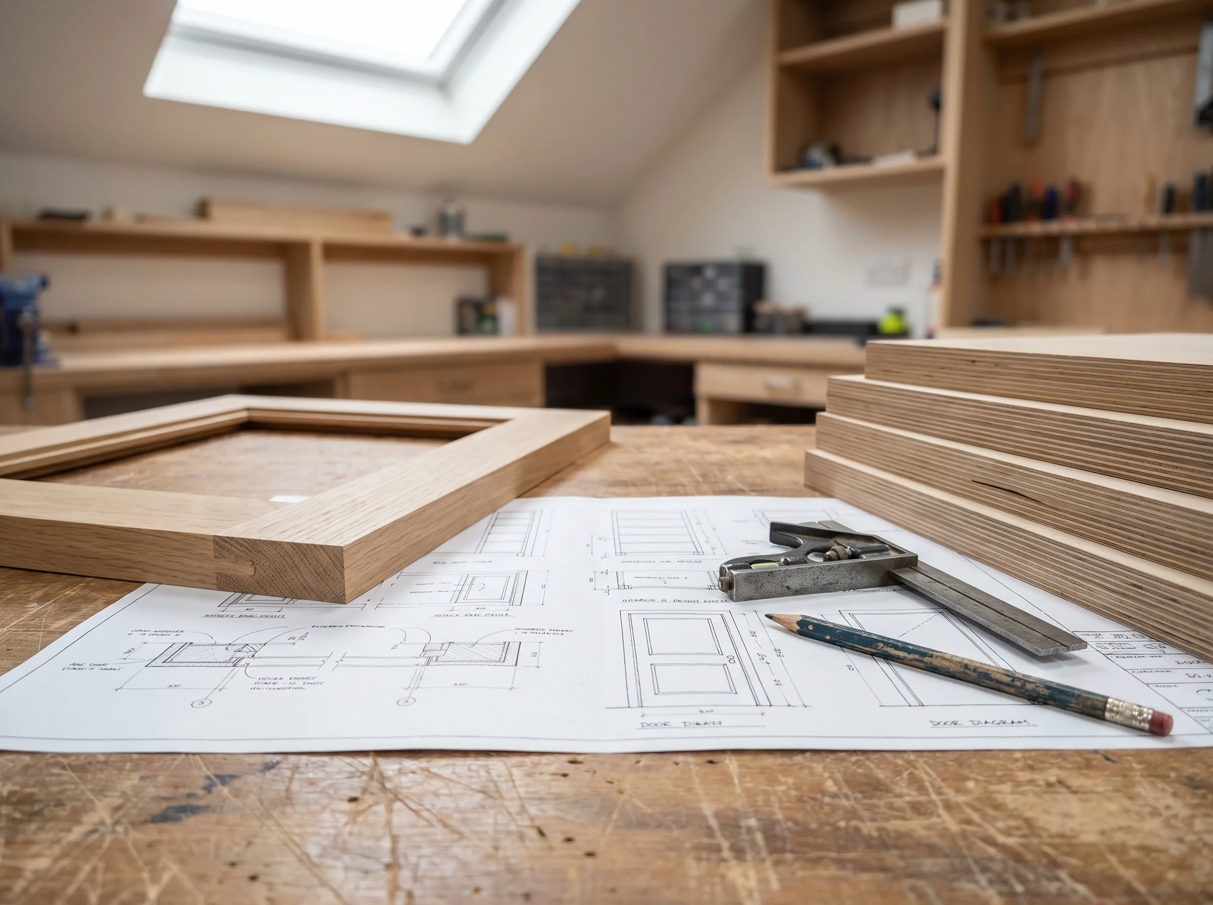 Cabinet elevation drawing on the bench
