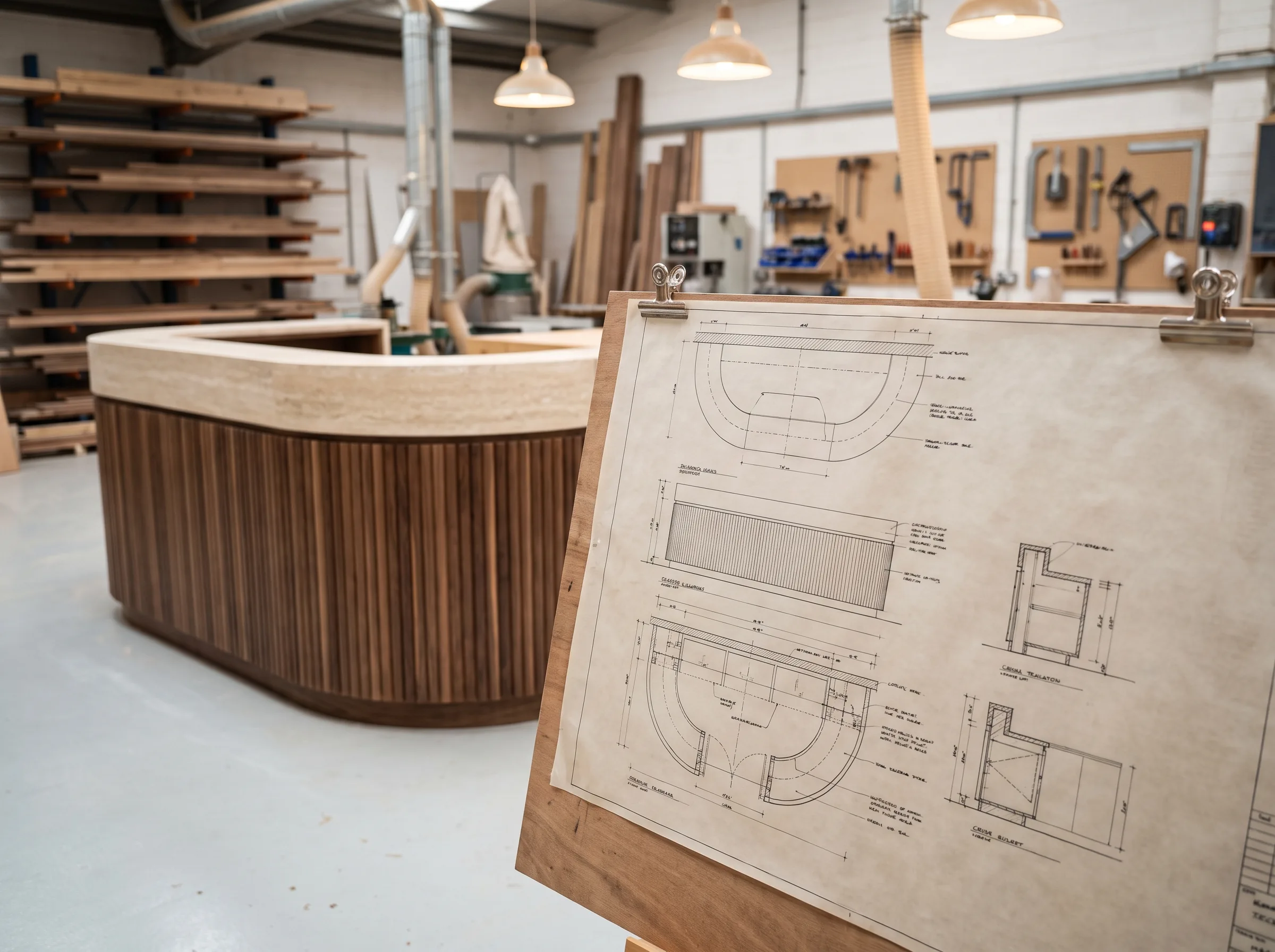 Reception desk shop drawing, walnut and stone
