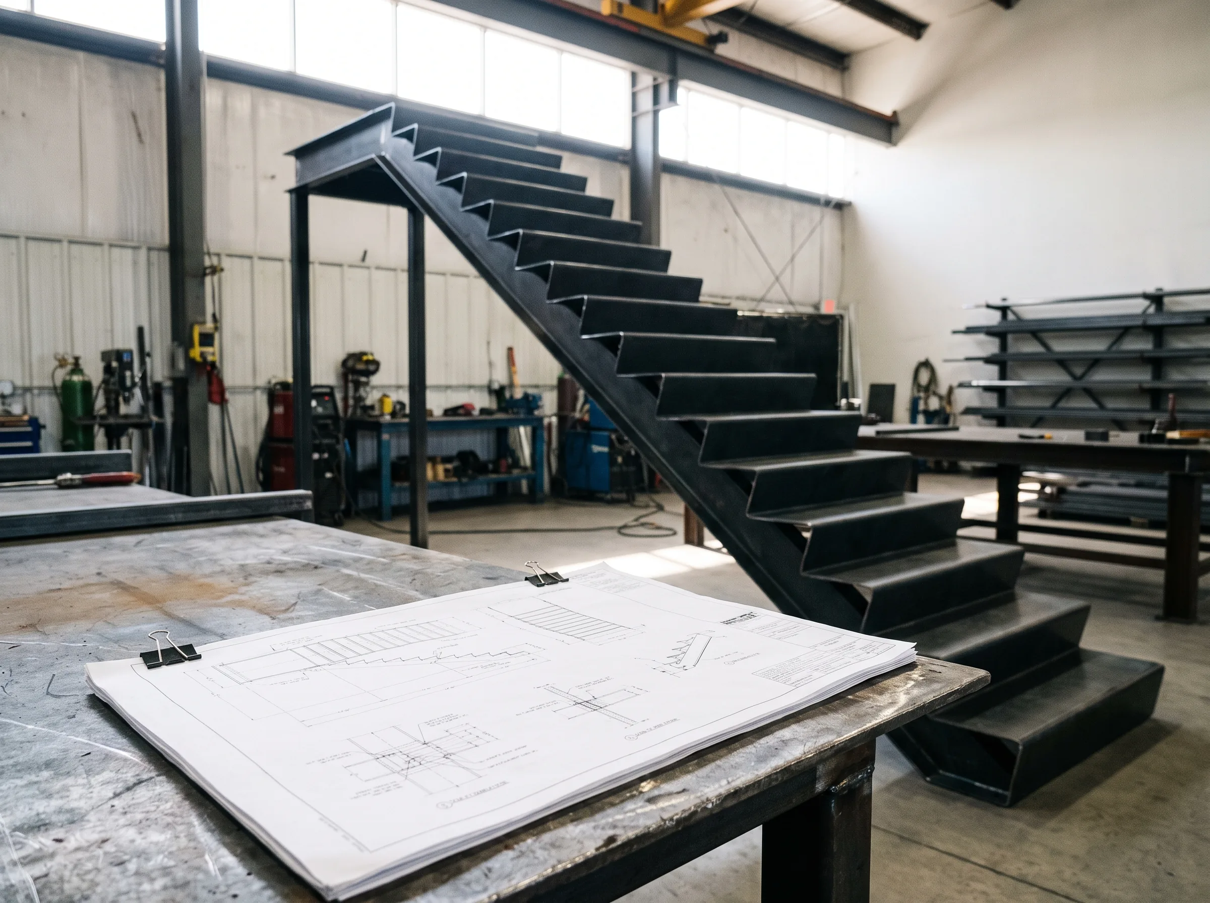 Steel stair detail with the fabricated stair