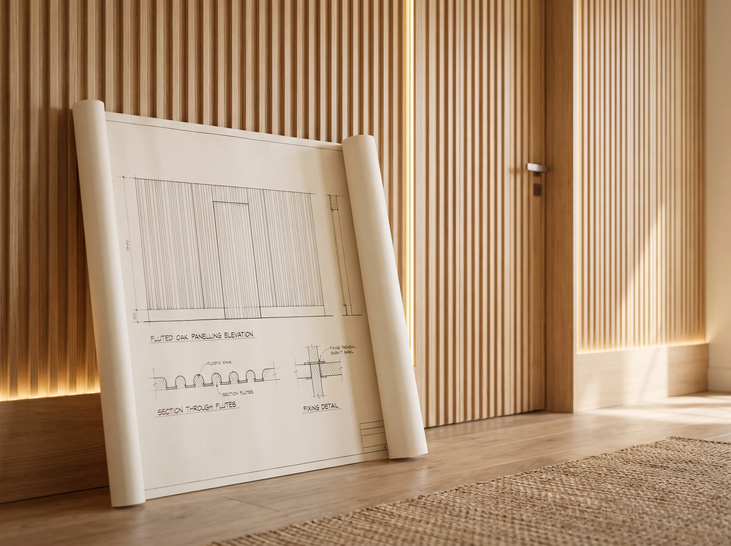 Wall panelling detail, fluted oak
