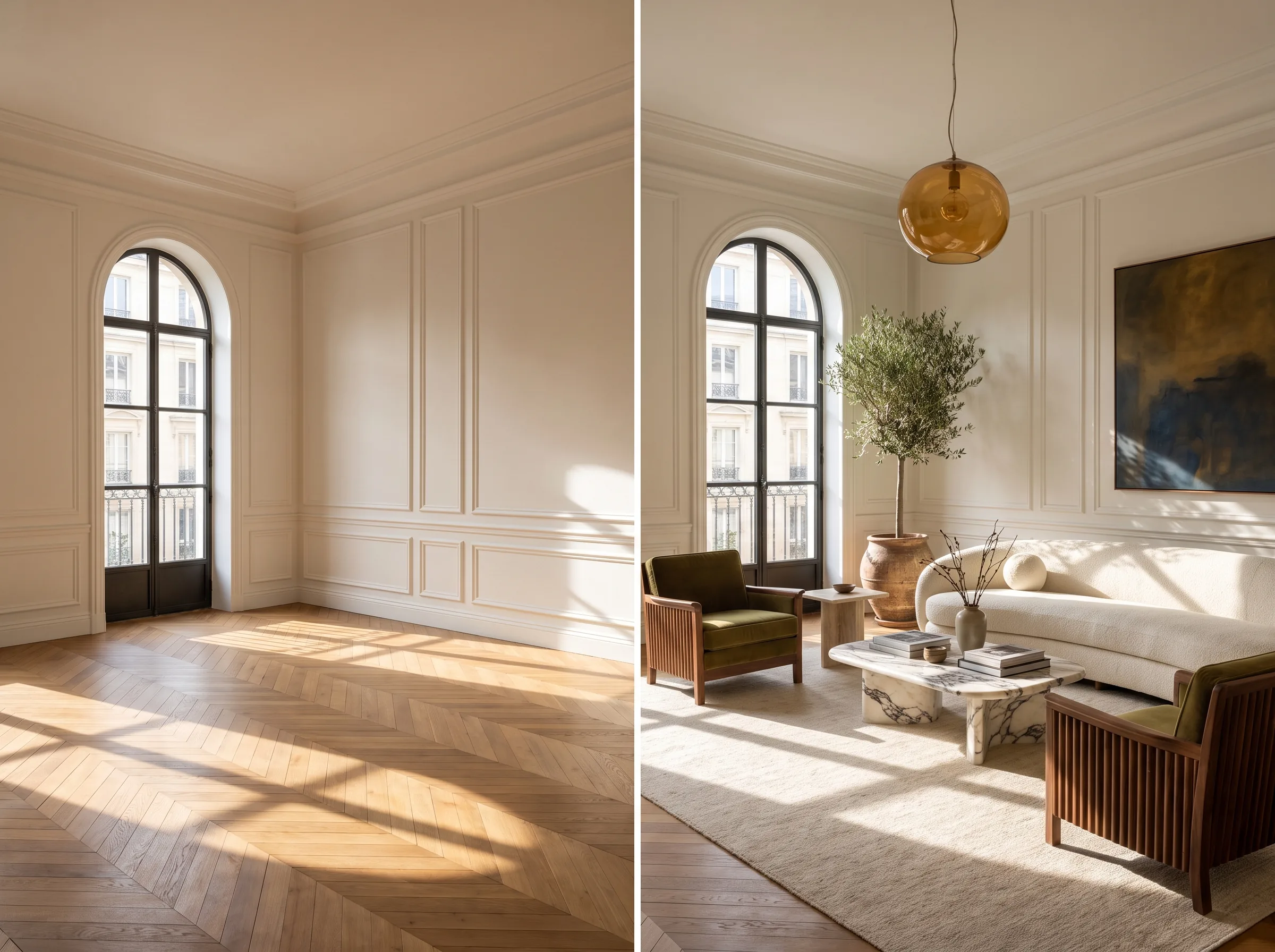 Empty living room, before and after